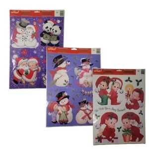 VTG Christmas Window Clings Lot of 3 Cute Baby Elves Santa Snowmen Holiday Decor